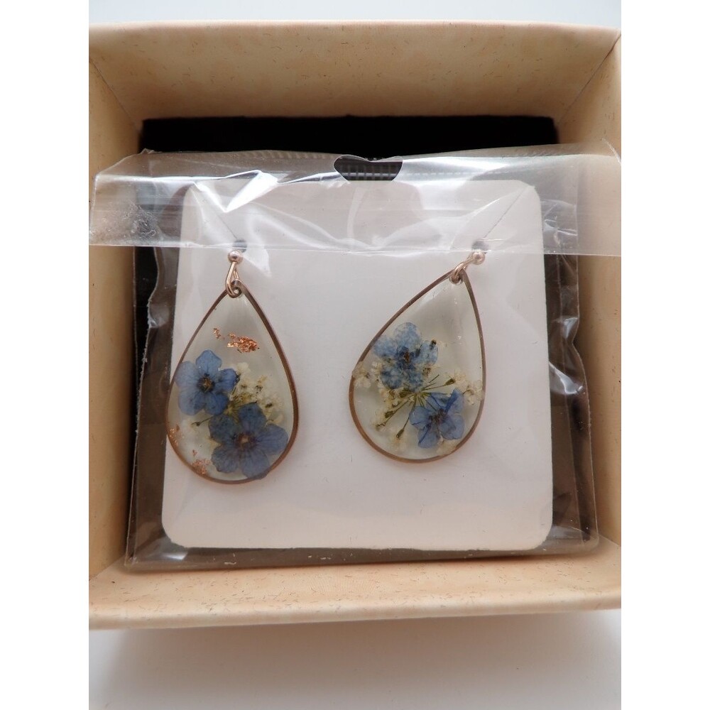 Jayden Silver Teardrop Dangle Earrings Pressed Blue Flowers Clear Resin Pear - Picture 2 of 3